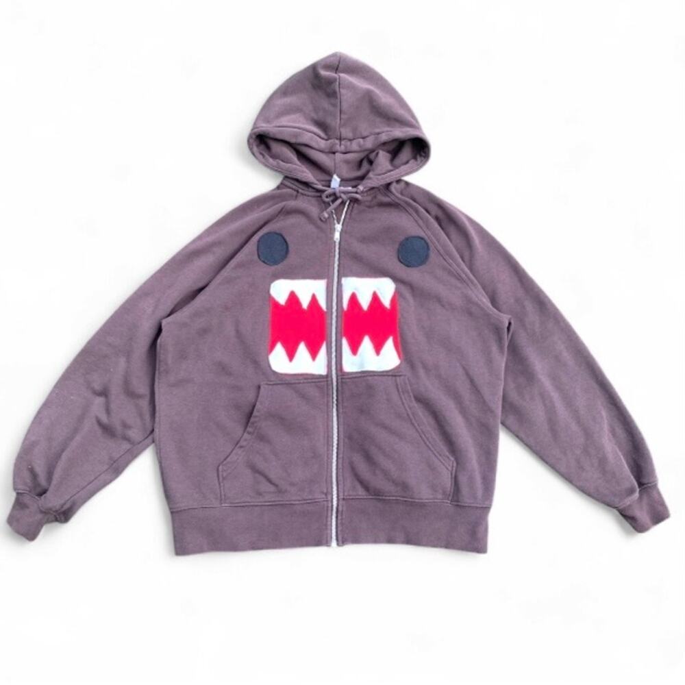 Domo Y2K Scene Kid Brown Oversized Zip-Up Hoodie – Custom Upcycled XS